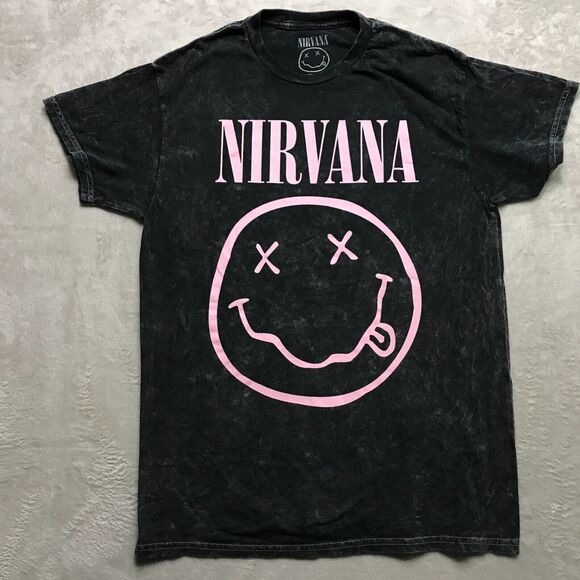 NEW Nirvana Pink Med Logo Smiley Graphic Acid Wash Grunge Tee T - Shirt - Picture 2 of 8